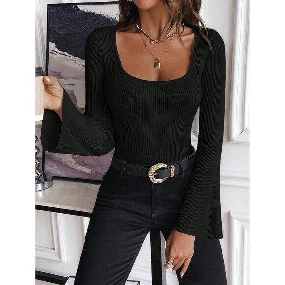 Beige square neck long sleeve top with ribbed texture fitted minimalist - Picture 2 of 2